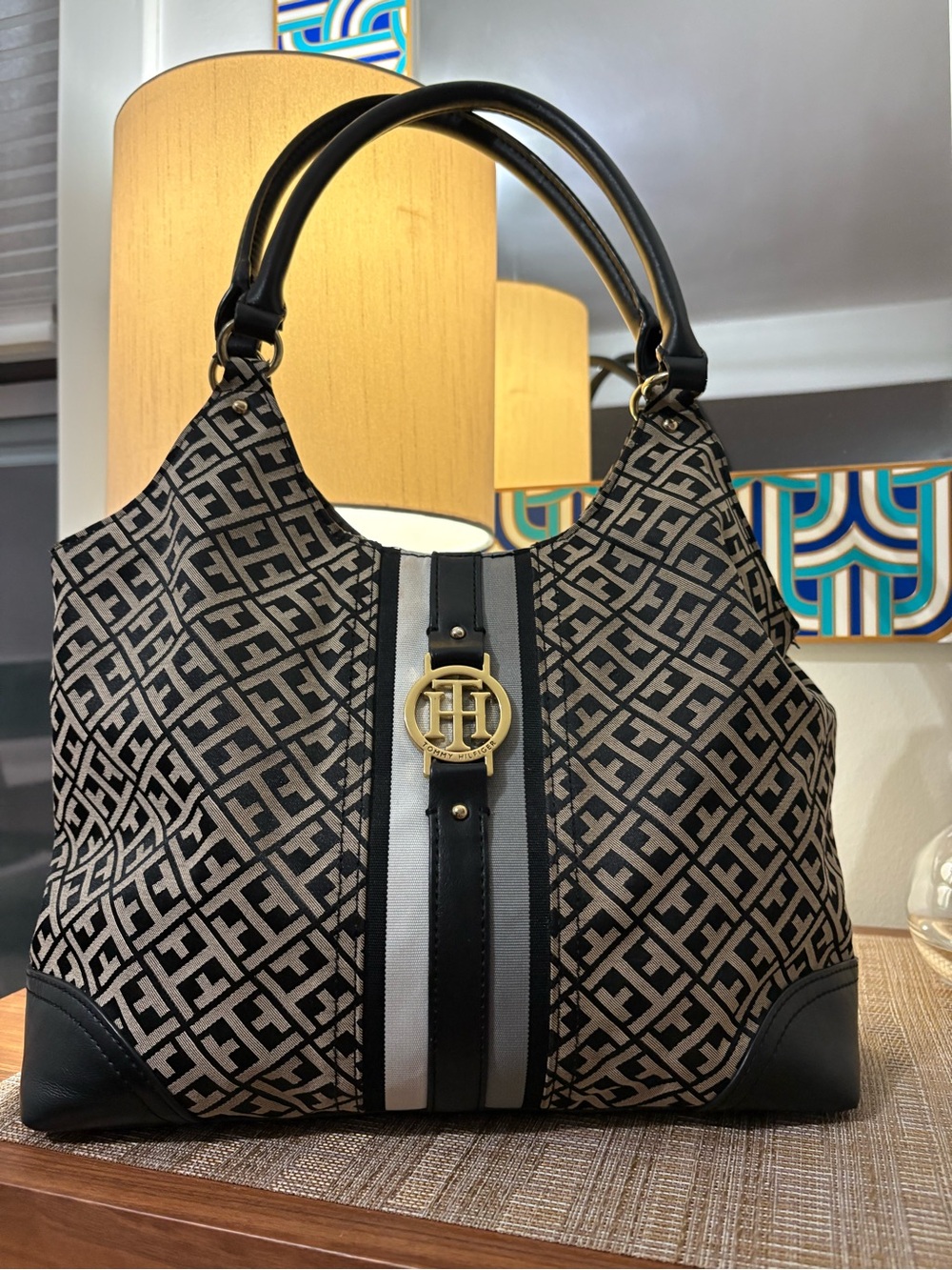 Tommy Hilfiger Black & Beige Monogram Shoulder Bag with Gold Logo
